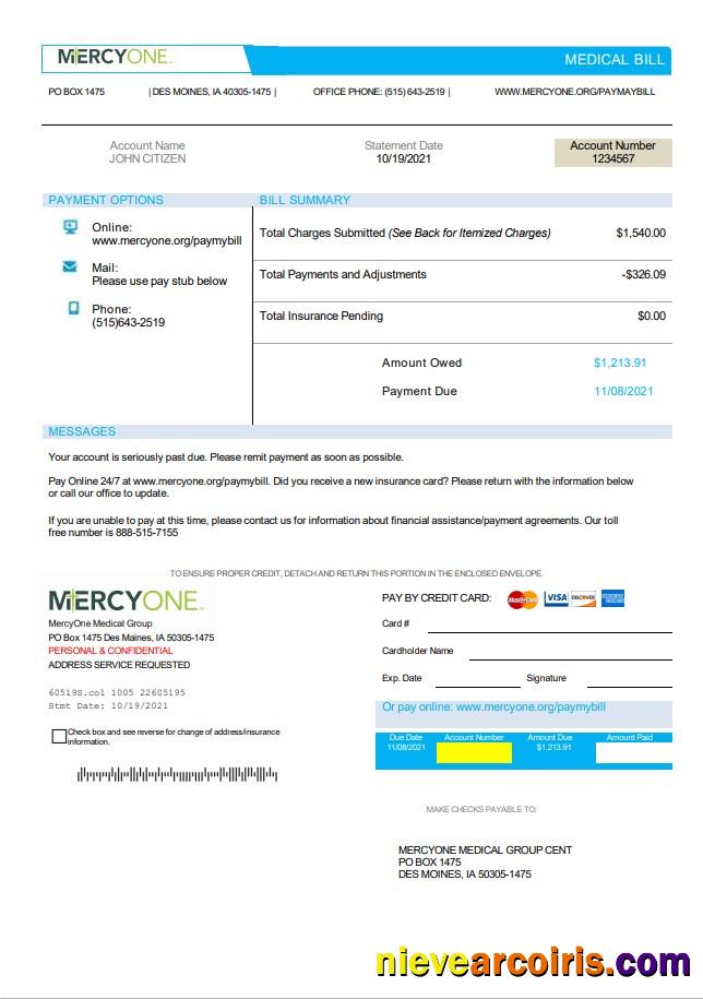 USA Iowa MercyOne medical bill
